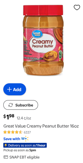 A screenshot from walmart.com showing the listing for a 16oz tub of Great Value Peanut Butter for $1.98 (as of 2026-03-03)