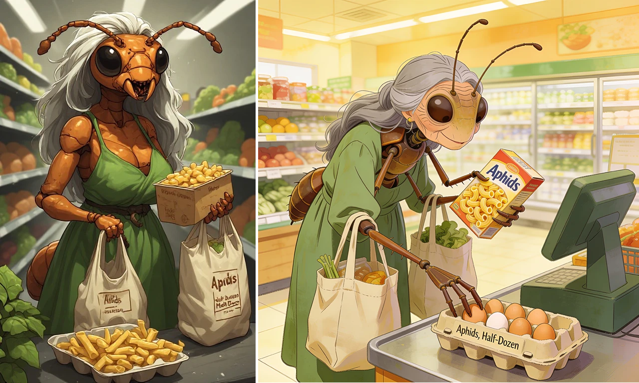 Two images of an anthropomorphic ant shopping generated with a Generative AI model.